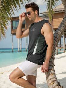 ZELFYO Men's Vacation Letter Print Surf Tank Top - Grey - View 4