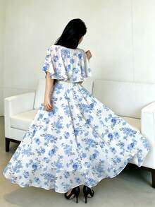 Modelyn 女士短袖连衣裙，女士短袖数码印花收腰连衣裙，披肩袖荷叶边下摆，优雅美丽，尽显迷人风采，时尚优雅，Y2K涤纶面料，适合外出、节日、派对等场合。女士夏季连衣裙，女士约会、派对、度假连衣裙。女士连衣裙，碎花连衣裙，沙滩度假碎花连衣裙 - 白色 - 查看 2