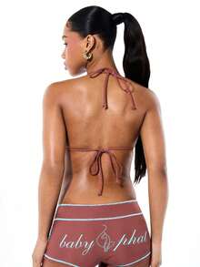 BABYPHAT Triangle Bikini Top With Contrast Coverstitch Trim And Halter Tie Neck Logo Detail Summer Beach - Chocolate Brown - View 2