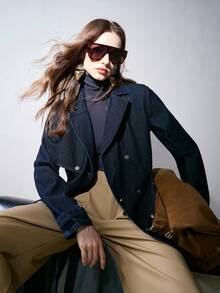 MOTF PREMIUM WOMEN'S AUTUMN DOUBLE BREASTED PLACKET BELTED DENIM COAT - Navy Blue - View 1