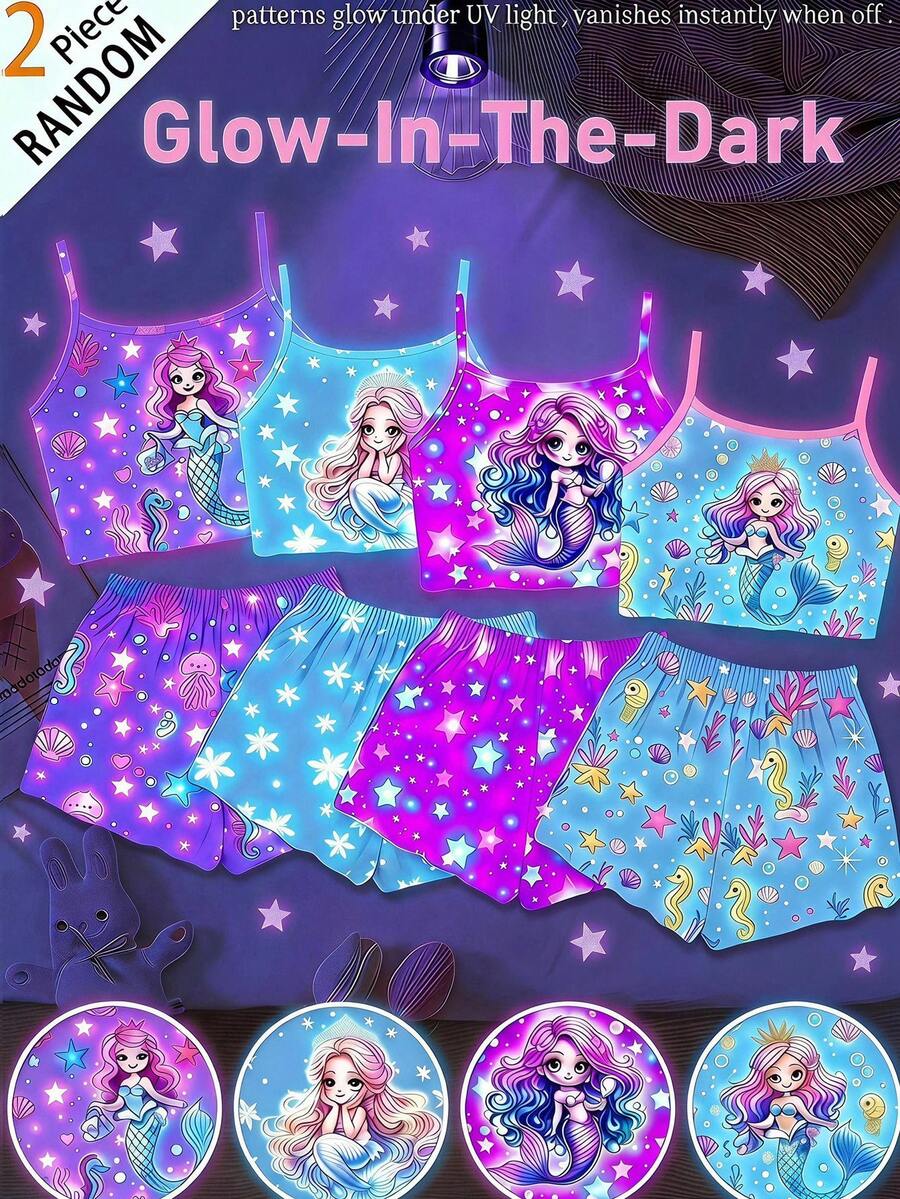 4 Sets !Random 2 Piece!  Young Girls Cartoon Sweet Princess Cartoon Print Tight Fit Short Sleeve Shorts Pajama Sets, Snug Fit