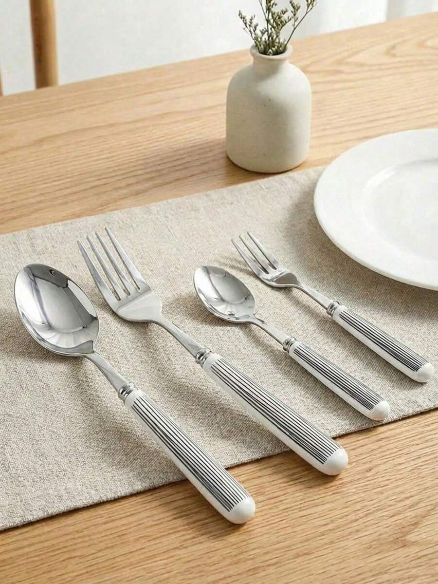 Haus Hana 1PC/2PCS Ceramic Handle Stainless Steel Flatware , Polished Surface Cutlery With Striped Pattern Ceramic Handle Dessert Spoon, Dinner Fork, And Table Spoon - Creative Kitchen Tools Including Fork, Teaspoon, And Soup Spoon, Ideal For Daily Dining - Multicolor - View 1