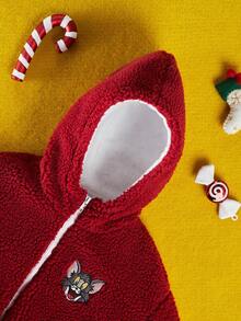 TOM & JERRY X SHEIN Tween Girl Cartoon Pattern Teddy Fleece Hooded Jacket - Burgundy - View 7