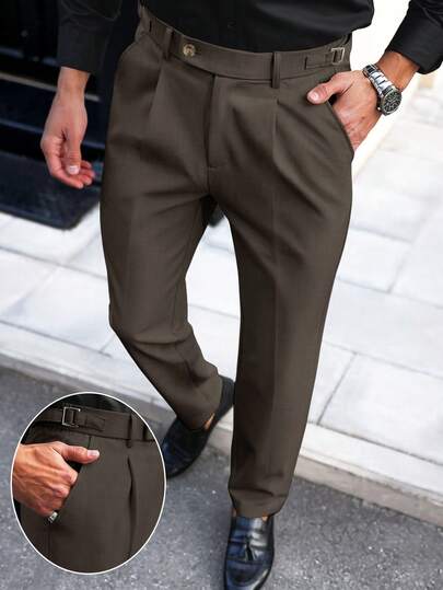 Manfinity Mode Men's Business Button Pocket Pleated Casual Trousers For Commuting And Office