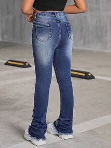 SHEIN Tween Girl Y2K Fashion Stonewashed High Waist Ripped Denim Long Jeans With Art Prints, Tween Girl Back To School Streetwear - Medium Wash - View 2
