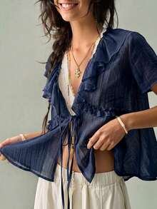 SoleilVie Women's Textured Ruffle V-Neck Short Sleeve Blouse, Gentle Style Tie Waist Slimming Casual Top - Navy Blue - View 4