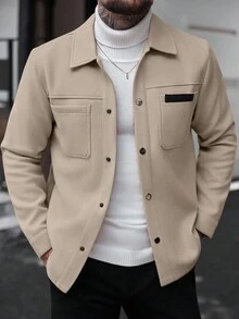 Manfinity CasualCool 男士素色休閒夾克，適合秋冬穿著 - 卡其色 - 查看 5