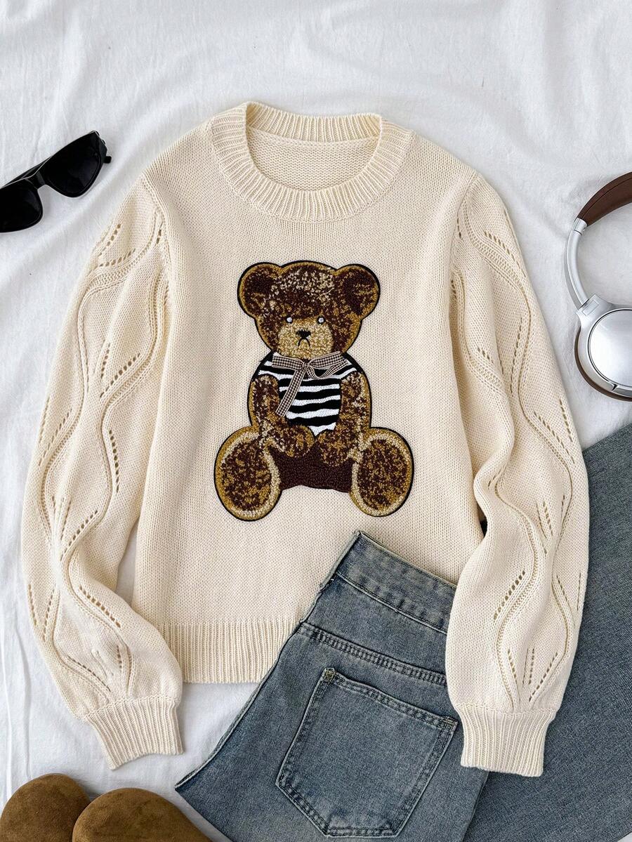 SHEIN Tween Girls Tween Girl Sweaters Autumn/Winter New Khaki Cartoon Bear Patchwork Crew Neck Pullover - Khaki - View 1