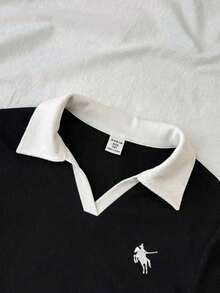 SHEIN 青少年女孩黑白對比領針織休閒拼接收腰T恤，附小Logo刺繡 - 黑色 - 查看 4