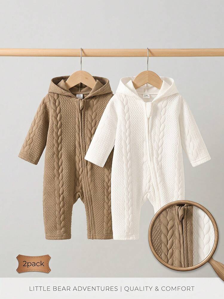 SHEIN 2pcs/Set Newborn Minimalist Cute Gender Neutral Vintage Style Rompers, White Brown Wheat Jacquard Long Sleeve Hooded Front Zipper Bodysuit, Autumn - Multicolor - View 9