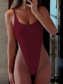 Swim SXY 2025款女士纯色性感吊带连体泳衣 - 酒紅色 - 查看 2