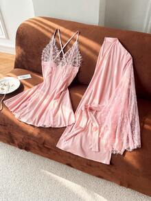 Moireta French Elegant Sexy Lace Hollow Out Camisole Dress & Robe 2 Pieces Pajama Set For Women - Pink - View 3
