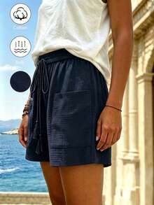 EMERY ROSE Women's Solid Color Waist Tie Pocket Loose Casual Shorts Beach Navy Blue Summer - Navy Blue - View 5