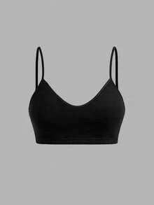 SHEIN Girlism 兒童青少年女孩黑色白色卡其色3件式多件套裝，簡約V領背心、墊肩內衣與賽車背內褲套組，舒適素色，春夏居家，Clean Girl/美式女孩風 - 卡其色 - 查看 5