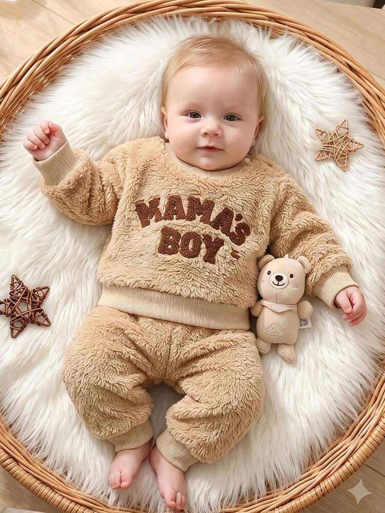 SHEIN Infant Toddler Autumn/Winter Towel Embroidered Letter Plush Set, Winter Thermal Lined Thick Outdoor Two-Piece Coral Thermal Winter Style - Khaki - View 1