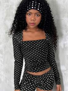 Camiseta ajustada de moda para niñas preadolescentes en otoño con mangas raglán, cuello en U, cintura fruncida, elástica - Blanco y Negro - Ver 5