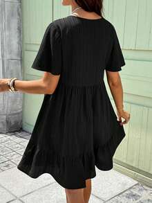 Boho Mama Maternity Vacation Solid Color Textured Ruffle Hem Round Neck Dress - Black - View 2