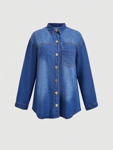 EMERY ROSE Áo khoác denim nữ size lớn tay dài cài nút đơn phong cách thường ngày thập niên 90 có túi màu xanh navy cho hẹn hò, du lịch, mùa thu - Màu xanh lam - Xem 4