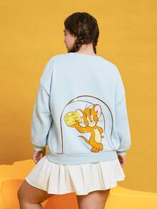 TOM & JERRY X SHEIN Plus Cartoon & Letter Graphic Drop Shoulder Sweatshirt - Blue - View 2