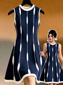 GlowEve CURVE Plus Size Women's Colorblock Round Neck Sleeveless Tank Top Print Casual Dress - Navy Blue - View 1