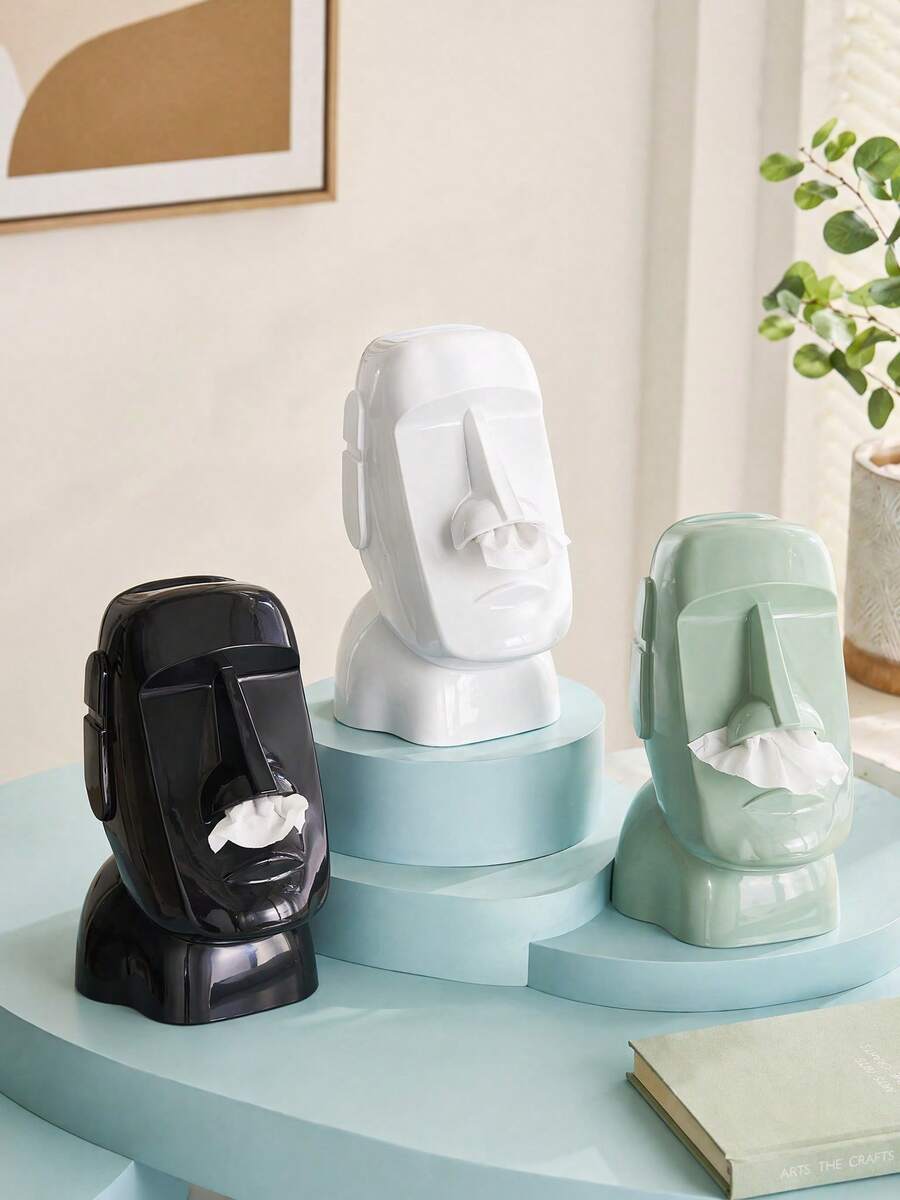 Zazumi 1PC Creative Easter Island Moai Statue Tissue Box Holder, Premium Waterproof Resin With Smooth Glossy & Speckled Matte Finish, Exquisite 3D Stone Head Sculpture Design, Multi-Functional Facial Tissue Dispenser Napkin Storage Organizer - Multicolor - View 1