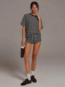 Athîral Women's Black And White Striped Colorblock Round Neck Short Sleeve Top And Drawstring Waist Shorts 2-Piece Set Lounge Summer Casual - Black - View 3