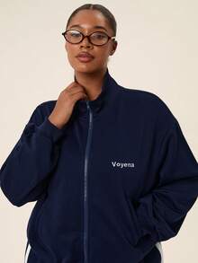 Levarali Plus Size Women's Sports Casual Set, Sweatshirt Jacket + Sports Pants 2 Pieces Set, Daily Sports & Fitness Outfit, Autumn/Winter Wear Fall - Navy Blue - View 5