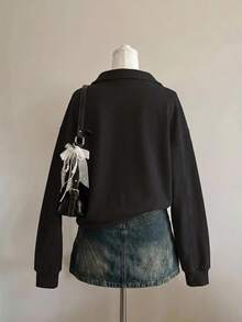 SHEIN EZwear 女款休閒印花寬鬆半拉鍊高領輕量套頭運動衫，秋冬花卉圖案灰色寬鬆半拉鍊高領薄款套頭運動衫 - 黑色 - 查看 2