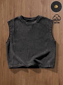 PAVTROS Men's Summer Casual Fashion Street Style Western Cowboy Vacation Style Rivet Decor Washed Loose Tank Top - Black - View 7