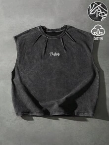 PAVTROS Men's Letter Embroidered Crew Neck Casual Versatile Tank Top - Black - View 7