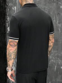 SLATEMANN 男士拼色休閒日常短袖 Polo 衫 - 黑色 - 查看 2