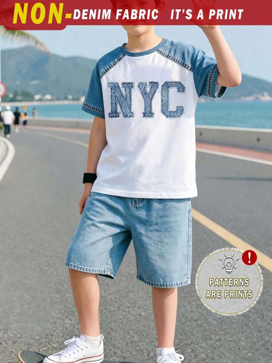 (1套) 男童清新時尚極簡紐約 NYC 拼接圖案基礎短袖T恤與短褲套裝,夏季日常穿搭 - 彩色 - 查看 1