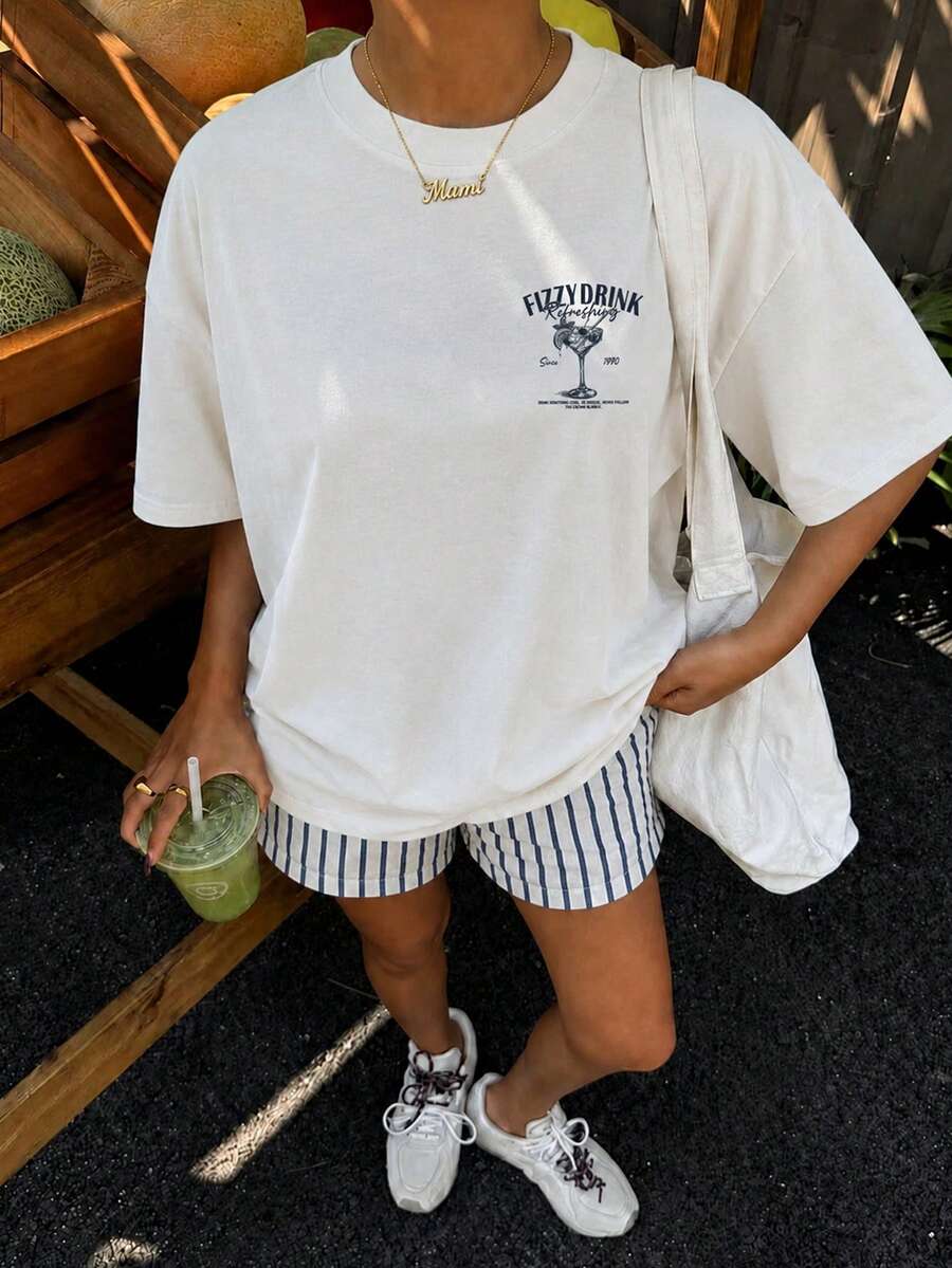 青少年女孩休閒極簡風寬鬆圓領短袖T恤與寬鬆短褲兩件套,適合春夏穿著 - 彩色 - 查看 1