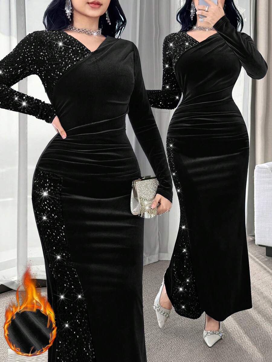 Modelyn فستان أنيق مرصع بالترتر بتصميم رقعات وذيل حورية البحر مطوي ومناسب للنساء - الأسود - مشاهدة 1