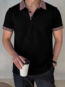 DAZY Men's Short Sleeve Slightly Loose Fit T-Shirt With Contrast Color Patchwork Collar Summer - Black - View 5