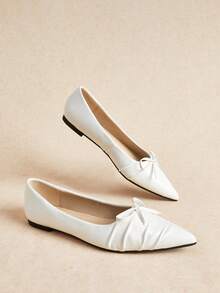 Rosivie Women's Pointed Toe Bow Decor Daily Commute Flat Shoes - Beige - View 5