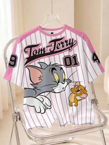 TOM & JERRY X SHEIN 女士休闲条纹卡通印花T恤，夏季 - 白色 - 查看 1