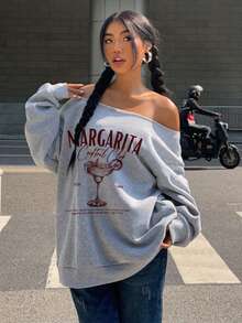 SHEIN EZwear Light Gray Women's Off-Shoulder Loose Casual Long Sleeve Sweatshirt With Cocktail Glass Print Pattern - Light Grey - View 4
