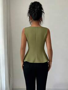 Elenzga 女款春夏優雅通勤辦公、下午茶派對、度假休閒方領前開衩無袖背心上衣 - 橄欖綠 - 查看 2
