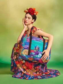 Frida Kahlo X SHEIN Frida 花卉可折疊旅行托特包，聚酯纖維行李套筒附手把，大容量旅行與購物手提袋，送給藝術與旅行愛好者的禮物 - 深湖水藍 - 查看 4