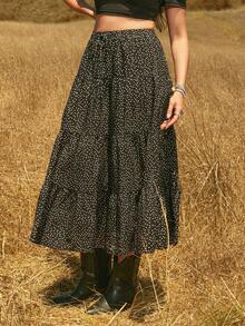 Freevana Damen Große Größen Langer Schwarz & Weiß Polka Dot Mehrschichtiger Kuchenrock A-Linie Locker Elegant Lässig Romantisch Frühling Sommer Frühherbst Oberbekleidung - Schwarz und Weiss - Übersicht 14