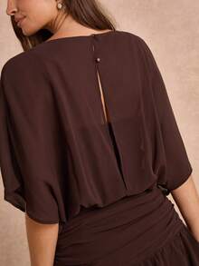 Enchnt Premium Pre-Fall Romantic Women's Elegant Brown Slimming Batwing Sleeve Ruffle Short Dress,Casual Dress,Work Outfits,Women's Formal Wear,Office - Brown - View 3