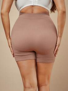 SHEIN BAE CURVE 1 件加大码无缝高腰竖条纹塑身提拉裤 - 摩卡棕 - 查看 3