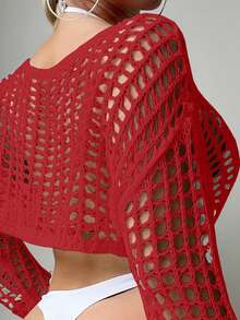 SHEIN Swim Cubierta de moda recortada hueca de punto para playa de verano para mujeres - Rojo - Ver 2
