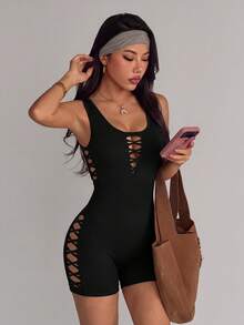Slayform Slayform Women's Seamless Cut-Out Sleeveless Athleisure Jumpsuit,Figure-Flattering Black Bodysuit - Black - View 5