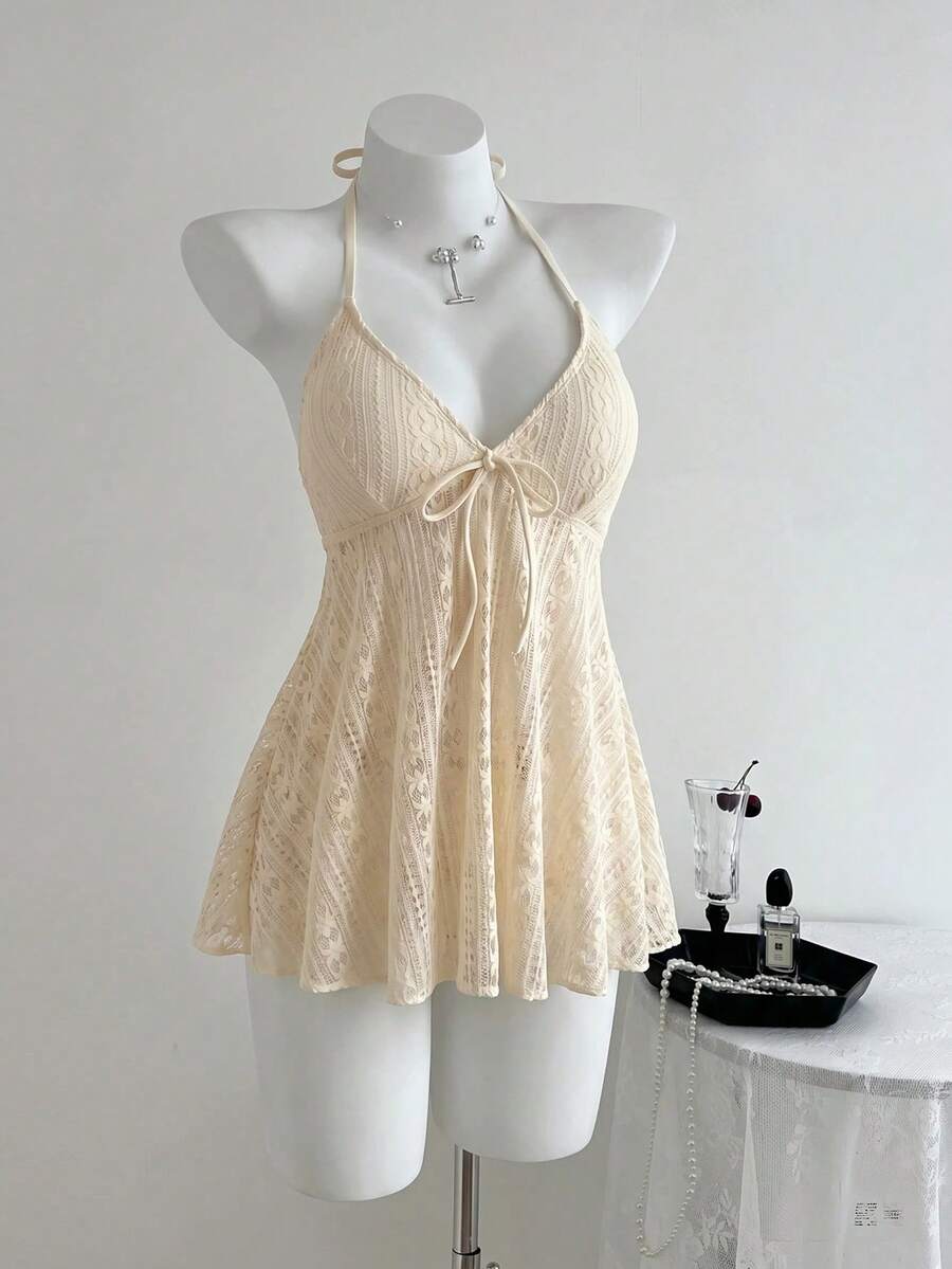 SHEIN Swim Mod فستان شاطئ نسائي مزين بالزهور والدانتيل مع ربطة أمامية وحمالة رقبة مع قطعة بيكيني سفلية للعطلات والصيف