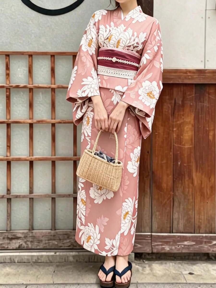 Irokai 女款花卉印花和服襯衫與吊帶洋裝浴衣套裝,度假風,桃紅色,夏季傳統文化風 - 粉色 - 查看 1