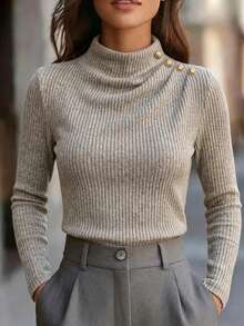 SHEIN Women's Elegant French Chic Vertical Rib Blouse Twist Mock Neck Decor Buttons Slim Fit Layering Tee - Apricot - View 3