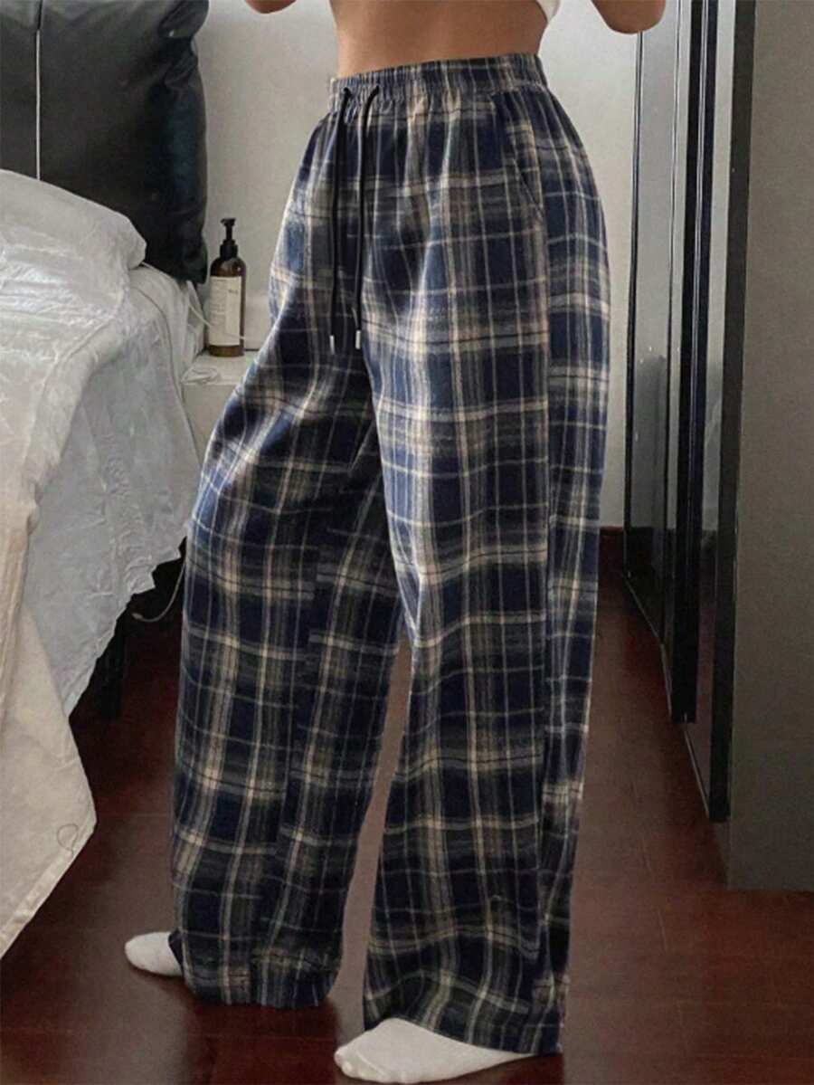 SWAVVY Men's Drawstring Waist Pocket Plaid Wide Leg Loose Fit Long Pants - Khaki - View 1