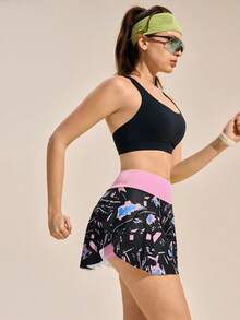 Exploreva Exploreva Contrast Color Print High Waist Sports Skort - Multicolor - View 7